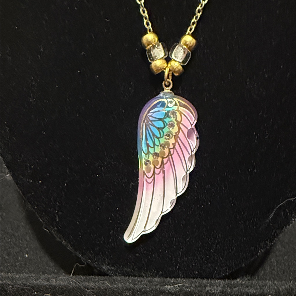 Iridescent Wing Pendant Necklace With Gold Chain